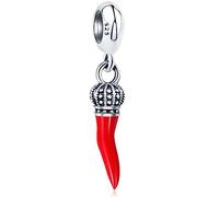 Charms Corno Italiano Ciondolo Fit Braccialetto Fortunato Pandora, 925 Argento Sterling Italia Rosso Peperoncino Ciondolo Perline con Corona Regale, Regali per la nonna/Viaggio/Buona fortuna/Natale