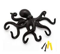 ChasBete Ganci Appendiabiti da Parete di Polpo, Rustico Attaccapanni da Parete, Portachiavi da Muro Ingresso, 22 cm 6 Tentacoli - Nero