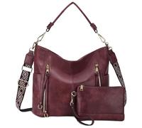 Chase Chic Borsa Donna Borse a Tracolla Borse a Mano Hobo Bauletto in Pelle PU Impermeabile Borse a Spalla Portafoglio 2 Pezzi Set, Vino Rosso