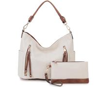Chase Chic Borsa Donna Borse a Tracolla Borse a mano Hobo Bauletto in Pelle PU Impermeabile Borse a Spalla Portafoglio 2 Pezzi set Bianco & Marrone