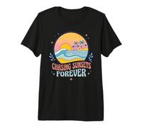 Chasing Sunsets Forever Beach Ocean Palm Retro Vacanza Surf Maglietta Premium