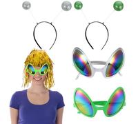 ChAusa 2 Occhiali Alieni e 2 Pezzi di Antenna Marziana Copricapo, Alien Fascia di Antenna, Alien Neon Rave Occhiali, Cerchietto Alieno Argento e Verde, Perfetto per Feste a Tema Alieno