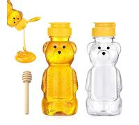 ChAusa 2 x 250 ml dispenser per miele a forma di orso con bastoncini di miele, bottiglie trasparenti da spremere con coperchio incernierato, contenitori per conservare ed erogare