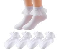 ChAusa 4 Paio Calzini in Pizzo Principessa con Volant Bambina Calze Corti con Pizzo Cotone,Neonati Cotone Conforto Calze adatto per la Primavera,Bambini dai 3 gli 8 Anni(Bianco)