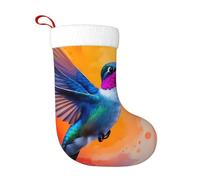Chaussette de Noël décorée d'une aquarelle représentant un colibri aux couleurs vibrantes, 45 cm, avec boucle de suspension, idéale pour les fêtes de fin d'année en famille.