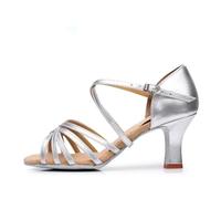 Chaussures De Danse Latine pour Femmes, Sandali Salsa pour Salle, Talons Moyens, Semelle En Daim(Silver,39)