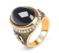 CHCWR Anello a fascia larga da donna, con pietra ovale in ossidiana nera, placcato in oro 14 carati, stile retrò, regalo per uomo, con pietra preziosa e cristallo turco, misura 8, US Code 9