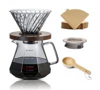 CHDEXU Pour Over - Set di caffettiera da 600 ml, in vetro borosilicato con coperchio in vetro, 50 filtri di carta, manico in noce, gocciolatore per caffè, ristorante, grigio