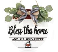 CHDITB Cartello 3D Bless This Home in legno da appendere God Bless Our Home Bless Our Home Bless Welcome Portico Wall Sign con Bow-knot Wreath This Home And Who Enter Sign Regalo di inaugurazione