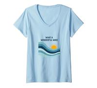 Che Onda Meravigliosa: Tramonto oceanico retrò Maglietta con Collo a V, Donna, Celeste, L