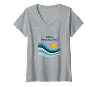 Che Onda Meravigliosa: Tramonto oceanico retrò Maglietta con Collo a V, Donna, Grigio Melange, S