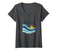 Che Onda Meravigliosa: Tramonto oceanico retrò Maglietta con Collo a V, Donna, Grigio Scuro, L