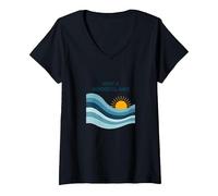 Che Onda Meravigliosa: Tramonto oceanico retrò Maglietta con Collo a V, Donna, Nero, L