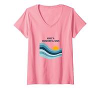 Che Onda Meravigliosa: Tramonto oceanico retrò Maglietta con Collo a V, Donna, Rosa, L