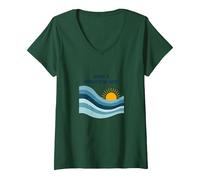 Che Onda Meravigliosa: Tramonto oceanico retrò Maglietta con Collo a V, Donna, Verde Foresta, L