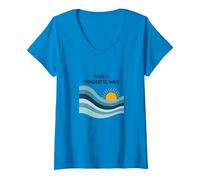 Che Onda Meravigliosa: Tramonto oceanico retrò Maglietta con Collo a V, Donna, Zaffiro, L