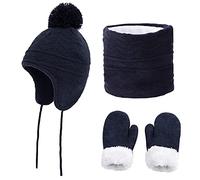 CheChury Bambino Cappello Invernale Berretto in Maglia con Sciarpa Guanti per Bambino Autunno Invernale Orecchie al Caldo Beanie con Maglia con Sciarpa Tubolare Morbido Adatto Bambini 1-6 Anni