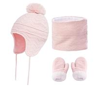 CheChury Bambino Cappello Inverno Sciarpa e Guanti 3 Pezzi Set Infantile Cappello a Maglia Berretto Fodera in Pile Polare con Pompon per Neonato Ragazze Ragazzi 1 a 6 anni,Rosa,L