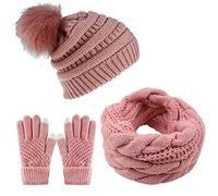 CheChury Cappelli invernale e Set Sciarpa sciarpa e Guanti Calze Donna Berretto con Pompom Touch Screen Regali Originali
