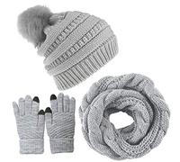 CheChury Cappelli Invernali Sciarpa e Guanti Calze Invernali Donna Set Cappello con Pompom Sciarpa Invernali Sciarpa Guanti Touch Screen Set all'Aria Aperta Regali Originali Berretto in Maglia