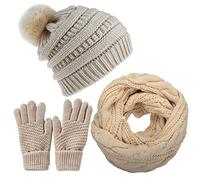 CheChury Cappelli Invernali Sciarpa e Guanti Calze Invernali Donna Set Cappello con Pompom Sciarpa Invernali Sciarpa Guanti Touch Screen Set all'Aria Aperta Regali Originali Berretto in Maglia