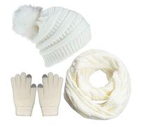 CheChury Cappelli Invernali Sciarpa e Guanti Set Cappello con Pompom Sciarpa Donna Cappelli da Donna Invernali Sciarpa Guanti Touch Screen Set Sciarpa 3 Pezzi，bianco，Taglia unica
