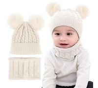 CheChury Cappello A Maglia Bimbo Neonata Cappellino con Sciarpa Set 2Pcs Cappelli Bambina Ragazzo Sciarpa Berretto A Maglia con Pompom Unisex 0-24 Mesi,Bianco,Taglia Unica
