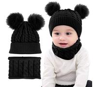 CheChury Cappello A Maglia Bimbo Neonata Cappellino con Sciarpa Set 2Pcs Cappelli Bambina Ragazzo Sciarpa Berretto A Maglia con Pompom Unisex 0-24 Mesi,Nero,Taglia Unica