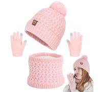CheChury Cappello Sciarpa Guanti Bambina Set Invernale 3 Pezzi con Pompon | Berretto di Caldo Sciarpa ad Anello Guanti Touch Screen per Neve Accessori in pile Invernali per Ragazze Regalo Natale