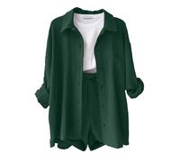 CheChury Completo Donna 2 Pezzi in Lino e Cotone Tuta da Donna Elegante Estivi Casual Tuta Estiva 2 Pezzi Set Camicia a Maniche Lunghe e Pantaloncini a Vita Alta con Coulisse Tasche Spiaggia Vacanza