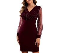 CheChury Vestito Donna Elegante Mini Vestiti Maniche Scollo a V Lunghe in Pizzo Abiti in Paillettes Abiti a Maniches Lunghes Abito a Vita Alta Vestito Bodycon Vestito Cerimonia Vestiti Party Cocktail