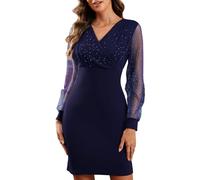 CheChury Vestito Donna Elegante Mini Vestiti Maniche Scollo a V Lunghe in Pizzo Abiti in Paillettes Abiti a Maniches Lunghes Abito a Vita Alta Vestito Bodycon Vestito Cerimonia Vestiti Party Cocktail