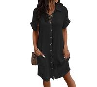 CheChury Vestito Estivo da Donna Mussola Lunghezza al Ginocchio Casual da Spiaggia Leggero Corte Donna Abito Lino Casual Scollo a V al Ginocchiocon Bottoni con Tasche Piscina Mare Vacanza