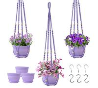Checrxy Set di 3 fioriere da appendere in macramè con vaso, per piante da interno, realizzato a mano, in corda di cotone, decorazione per la casa, idea regalo per chiunque, include porta piante, vasi,