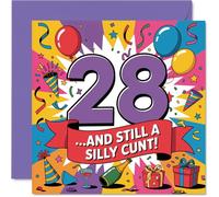 Cheeky 28th Birthday Card - Still a Mischief-maker at 28 - Bright Balloons and Confetti Party Scene - Outrageously Funny for Big Personality - 145 mm quadrato, busta inclusa