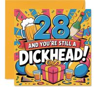 Cheeky 28th Birthday Card - Still Causing Trouble at 28 - Design multicolore audace con allegre vibrazioni da festa - 145 mm quadrato, busta inclusa