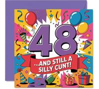Cheeky 48th Birthday Card - Bold Laughs at 48 - Palloncini vivaci e cappelli da festa con un tocco sfacciato - 145 mm quadrato, busta inclusa
