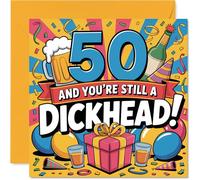 Cheeky 50° compleanno card - Still a Legend at 50 - Bold 'you're Still a D**khead!' design con birra, coriandoli e confezione regalo - 145 mm quadrato, busta inclusa