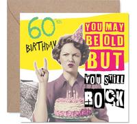 Cheeky 60° compleanno card - Still Rocking It at 60 - donna in stile vintage con torta e accenti rosa audaci - 145 mm quadrato, busta inclusa