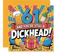 Cheeky 61° compleanno card - Proper Laugh for Turning 61 - Grafica audace festa con birra e cappelli - design oltraggiosamente sfacciato per divertimento traguardo - 145 mm quadrato, busta inclusa