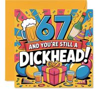 Cheeky 67th Birthday Card - Still Causing Mischief at 67 - Colori vivaci e insulto giocoso - garantito per accendere risate a qualsiasi Bash - 145 mm quadrato, busta inclusa