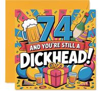 Cheeky 74th Birthday Card - Turning 74 and Still Up to Mischief - Bold, Colourful Drinks and Party Doodles - A Proper Laugh for the Big Day - 145 mm quadrato, busta inclusa