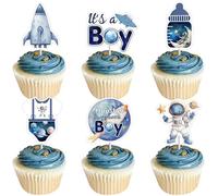 Cheereveal 36 decorazioni per cupcake a tema astronauta con astronauta e astronauta e astronauta, motivo "Houston We have a boy", colore: blu