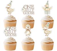 Cheereveal 36 topper per cupcake a forma di oca sciocca color cachi, con un'oca stupida decorazione per torte per il primo compleanno, per feste di compleanno, animali della fattoria, forniture per