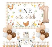 Cheereveal Decorazione per il 1° compleanno, un simpatico pulcino Happy Birthday Banner sfondo torta cupcake topper, fattoria animale fienile galline primo bday baby shower