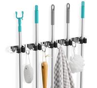 Cheerhom Supporto per scopa da parete, autoadesivo, porta scopa con 5 supporti+4 ganci, supporto per attrezzi con fissaggio a vite, in acciaio inox, per cucina, bagno, giardino, garage, 797417465972