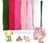 Cheerix Set di 300 pulitori per pipa per fai da te, pulitore per pipe, fiori rosa, set da 6 colori, filo di ciniglia con 20 pezzi di filo verde, nastro adesivo, manuale, stame e stick di colla