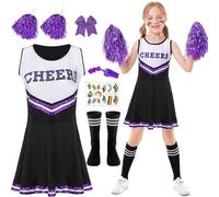 Cheerleader Costume Bambina,Vestito Cheerleader Bambina,Uniforme da Cheerleader Bambini con Pompon,Calzini e Accessori per Capelli,Fischietto,per Carnevale Evento Sportivo Cosplay (viola, 130)