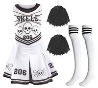 Cheerleader da donna con scheletro di Halloween, taglia M, bianco e nero, pompon neri e calzini sportivi bianchi e neri, per adulti, costume da trucco o scherzetto per Halloween