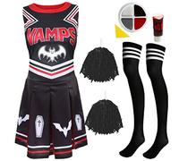 Cheerleader da donna di Halloween vampiro - Large - abito da cheerleader nero e rosso, pompon neri, calzini sportivi in bianco e nero, vernice facciale e sangue - costume per Halloween per adulti